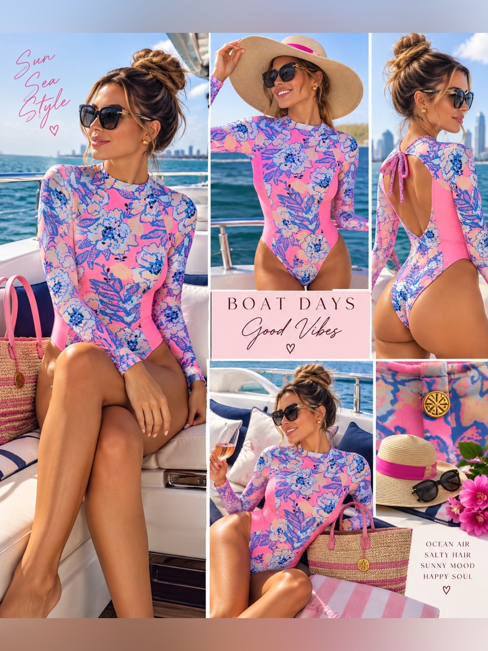 Lilly Pulitzer Floral Long Sleeve One Piece Swimsuit Pink Blue Resort Swimwear